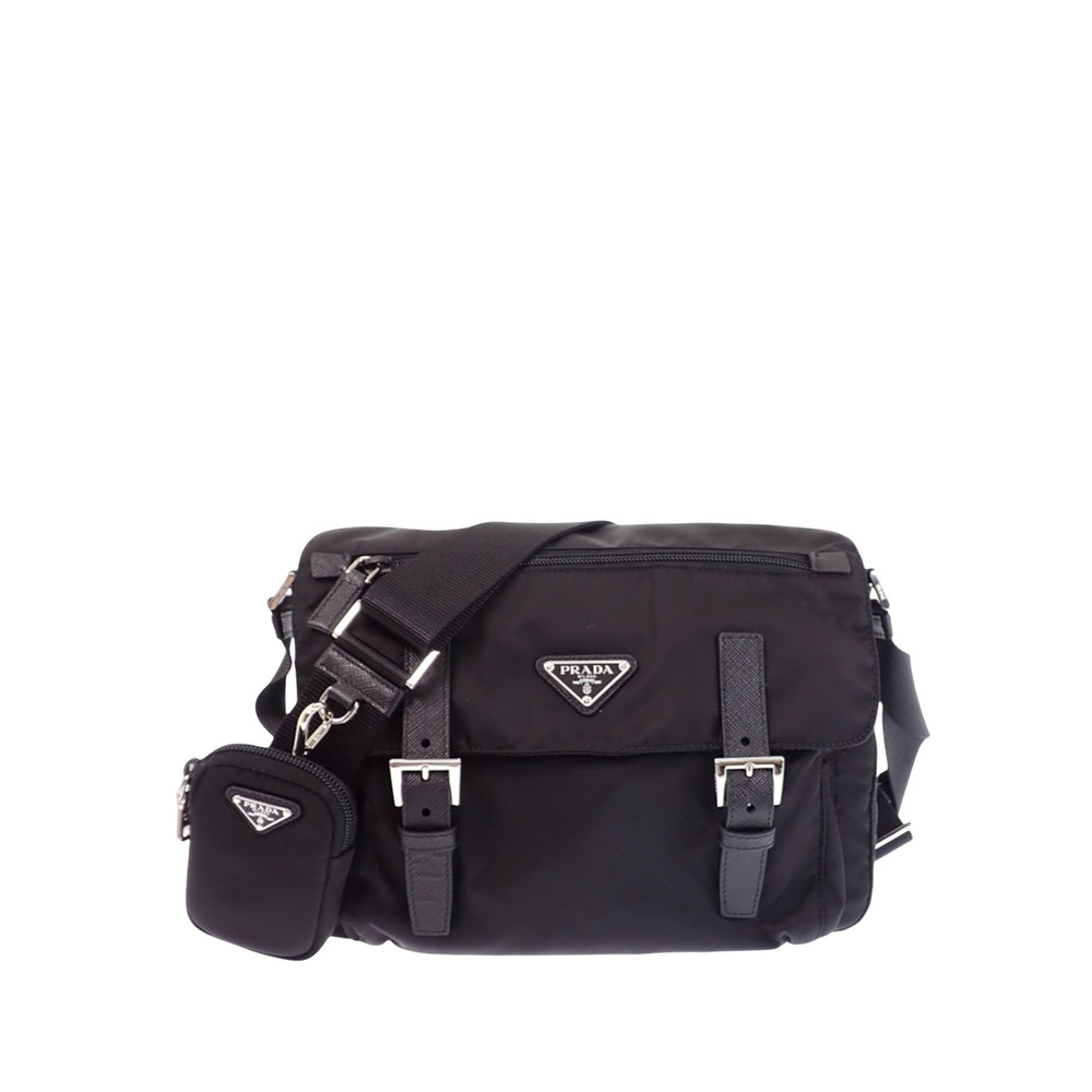 Pre-Loved Prada Saffiano Trimmed Re Nylon Double Buckle Messenger Bag